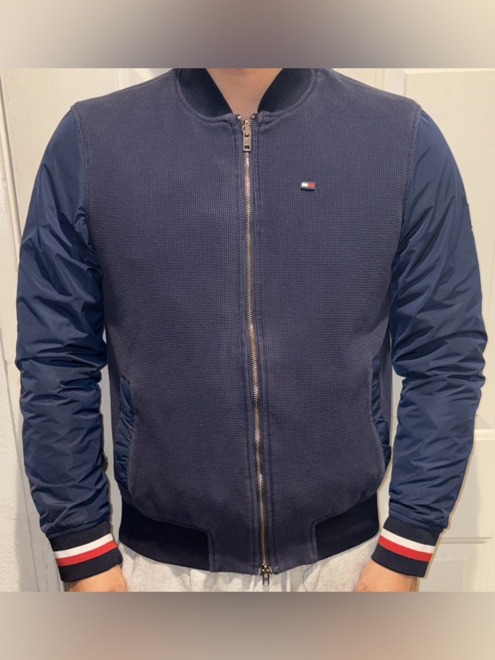 Tommy Hilfiger Reversible Bomber Jacket with Red-White Stripe Cuffs